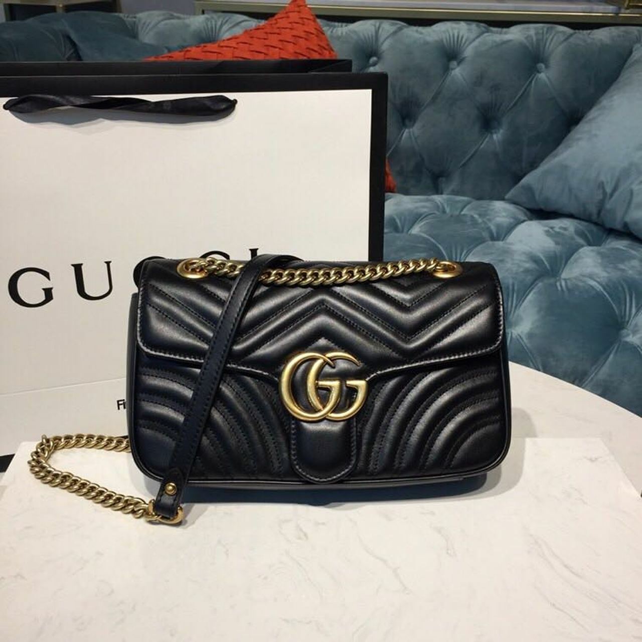 Gucci GG Marmont Matelassé Bag 25cm 443497 Calfskin Leather Spring/Summer 2019 Collection, Black - Ganebet Store
