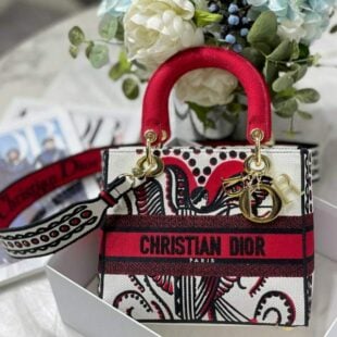 Christian Dior Medium Lady D-lite Bag Latte Multicolor Cupidon Embroidery - Ganebet Store