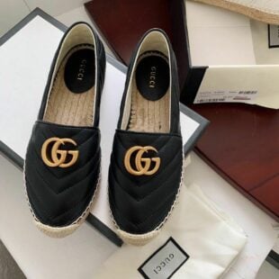 Gucci Marmont Espadrilles Calfskin Leather Spring/Summer Collection Black Women Shoes - Ganebet Store