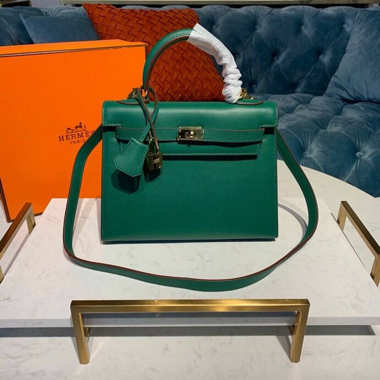 Hermes Kelly 25cm Malachite Jewel Green Epsom Gold Hardware