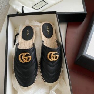 Gucci Marmont Espadrille Slippers Calfskin Leather Spring/Summer 2020 Collection, Black Women Shoes - Ganebet Store