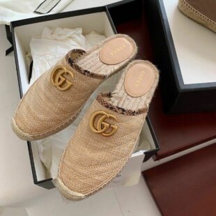 Gucci Marmont Espadrille Slippers Calfskin Leather Spring/Summer 2020 Collection, Beige Women Shoes - Ganebet Store