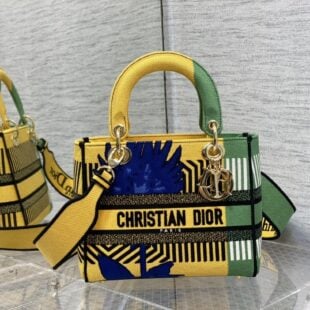 Christian Dior Medium Lady D-Lite Bag D-Flower Pop Embroidery, Bright Yellow/Green, For Women Women's Handbags, 24cm CD M0565OROO_M886 - Ganebet Store