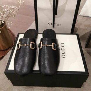 Gucci Pericle Horsebit Slippers Calfskin Leather Spring/Summer Collection Black Women Shoes - Ganebet Store