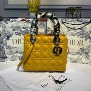 Christian Dior Lady Dior Bag 24cm Silver Hardware Lambskin Leather Spring/Summer Collection, Yellow - Ganebet Store