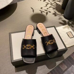 Gucci Zumi Slide Sandals Calfskin Leather Spring/Summer Collection Black Women Shoes - Ganebet Store