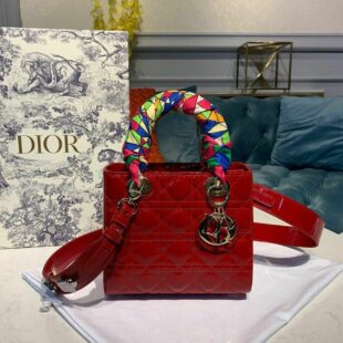 Christian Dior Lady Dior Bag 20cm Gold Hardware Patent Leather Spring/Summer Collection, Red - Ganebet Store