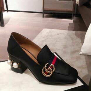 Gucci Pearl Embelished Peyton Heels Calfskin Leather Spring/Summer Collection Black Women Shoes - Ganebet Store